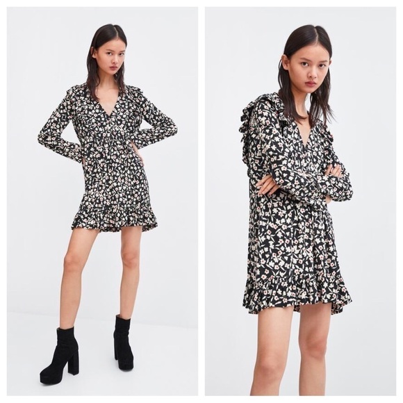 ZARA Floral Vneck‎ Ruffle Long Sleeves Dress Size Large - Picture 1 of 9